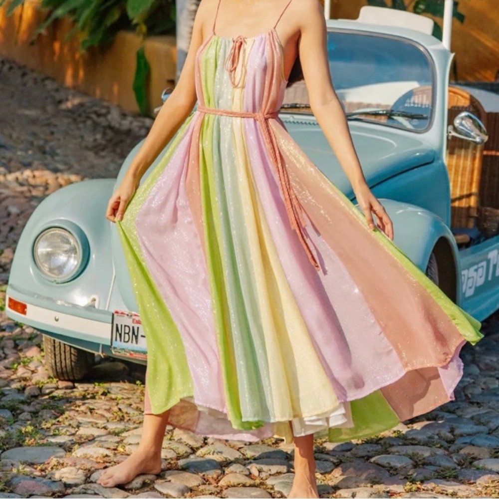 Pastel rainbow Sundress brand maxi dress with detachable belt XS/S.